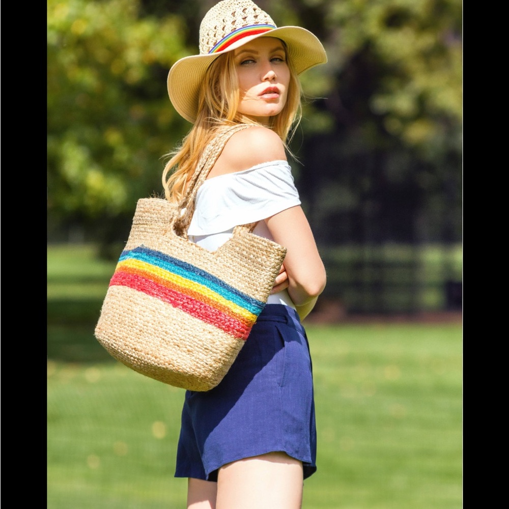 Magid Womens Rainbow Stripe Jute Beach Tote Bag